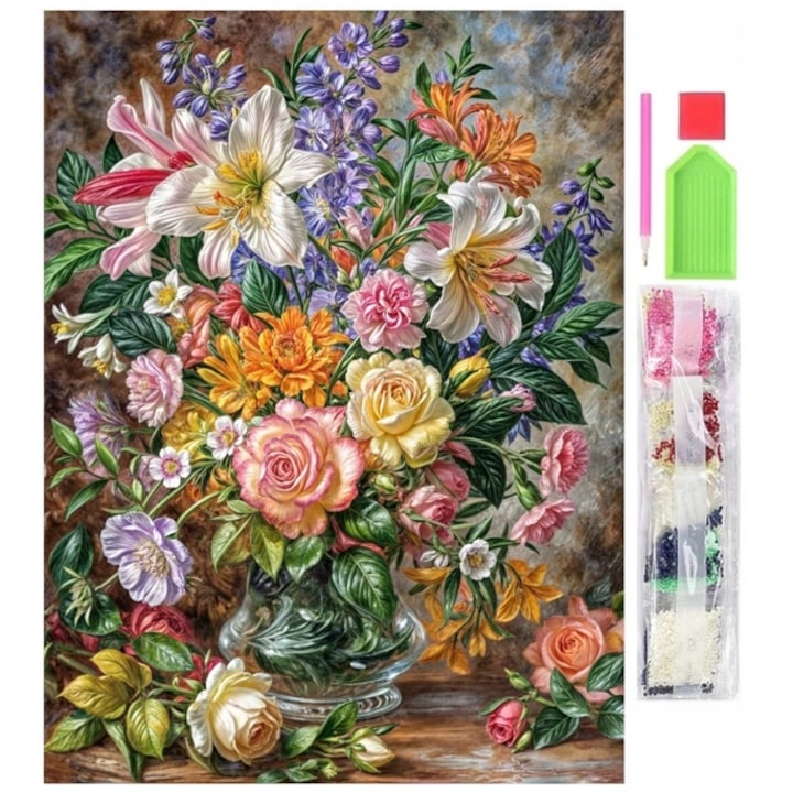 Set de broderie cu diamante 5D, model Floral, 30x40 cm, accesorii incluse, multicolor