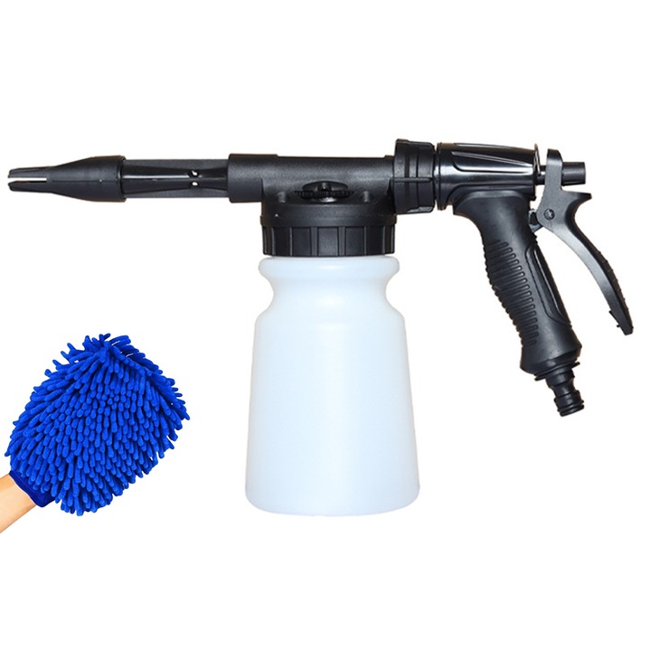 Pistol cu spuma de spalat auto cu cadrane reglabile pentru presiunea apei si raportul de sapun, vine cu o sticla de distribuire a sapunului din plastic de 1000 ml si un conector rapid multifunctional