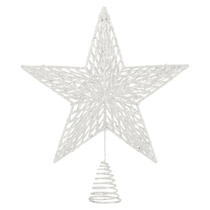 Varf pentru brad de Craciun Antbro® stea 3D alba irizata cu glitter si model, 33cm