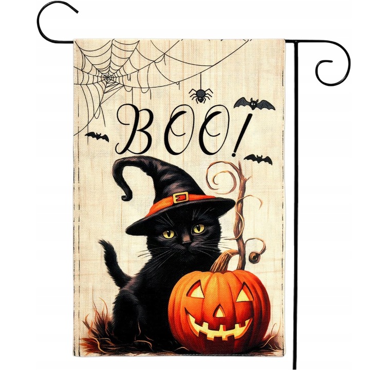 Dekoratív Halloween zászló, fekete macska és tök motívummal, 31x47cm, narancssárga és fekete