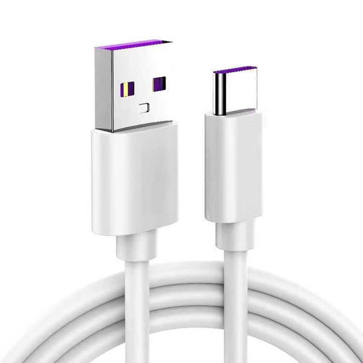 Cablu date si incarcare rapida 5A, Super incarcare 55W - 40W - 22.5W, USB la USB-C, tip C, 1m, compatibil cu Huawei, functioneaza si cu Samsung, Xiaomi, Oppo, OnePlus, alb