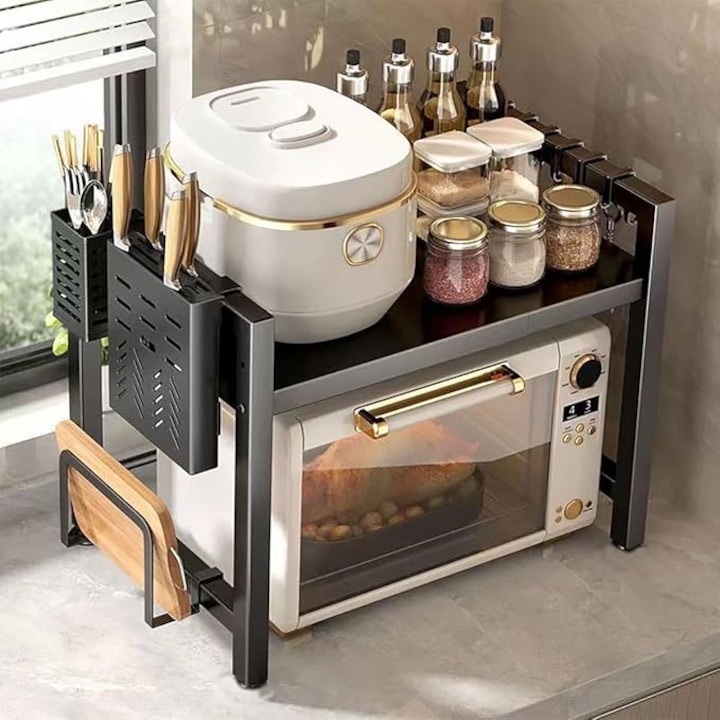 Raft metalic cuptor cu microunde, negru, etajera ajustabila, 6 Carlige, organizator bucatarie, 42-60 x 36.5 x 45 cm