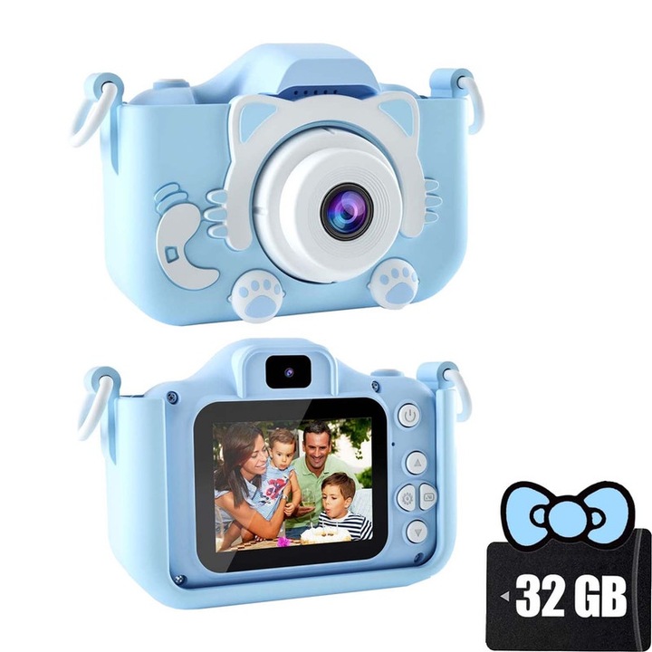 Aparat foto pentru copii, card SD de 32 GB, 1080P HD, 30 milioane pixeli, ecran de 2,0 inchi, baterie de 600 mAh, husa de protectie din silicon, potrivita copiilor cu varsta peste 3 ani, albastru