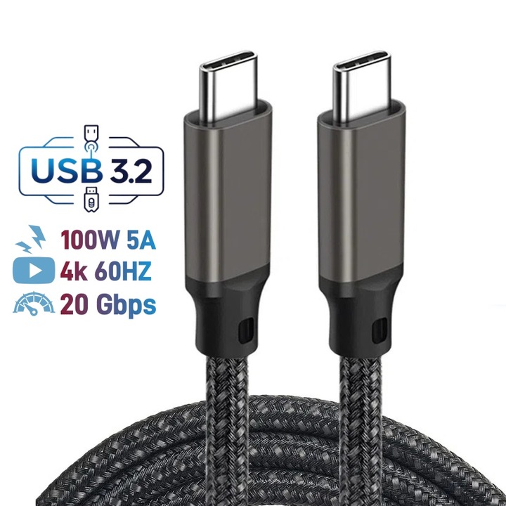 Cablu USB-C 3.2 Sugxia®, USB Type-C la USB Type-C, Transfer 20Gbps, Incarcare PD 100W, Compatibil cu Laptopuri si Telefoane (Samsung, iPhone, huawei, Xiaomi, OPPO), Video 4K@60Hz, Negru, 1m