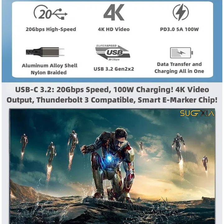 Cablu USB-C 3.2 Sugxia®, USB Type-C la USB Type-C, Transfer 20Gbps, Incarcare PD 240W, Compatibil cu Laptopuri si Telefoane (Samsung, iPhone, huawei, Xiaomi, OPPO), Video 4K@60Hz, Negru, 0.5m