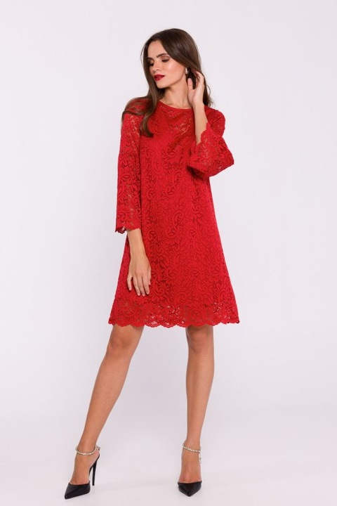 Rochie dantelata in doua straturi, tip trapez Stylove, Rosu, XXL