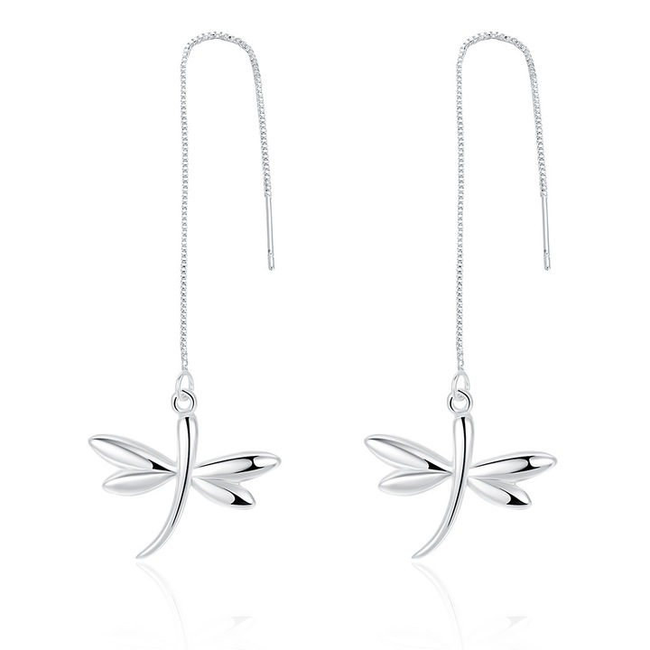 Cercei Cupru, pandantiv libelula, lant, argintiu, bijuterii dama