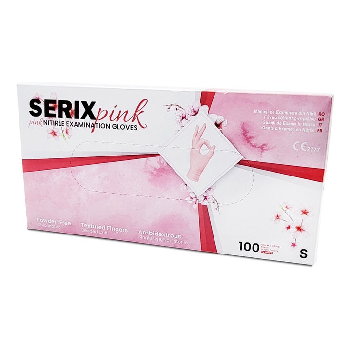 MANUSI EXAMINARE NITRIL ROZ, NEPUDRATE, SERIX PINK, 100 buc, S