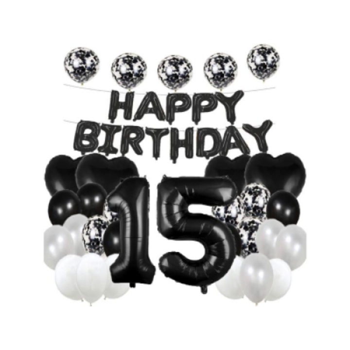 Lufi készlet, mylar fólia, 15 éves évforduló, fekete színben