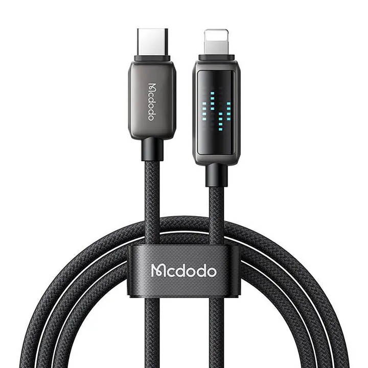 Kábel töltéshez és adatátvitelhez Mcdodo CA-2630, USB-C/Lightning, LED kijelző, 36W, 3A, 1,2m, fekete