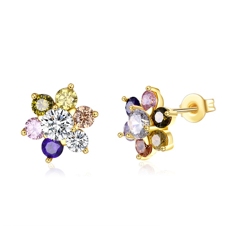 Fülbevaló, Haiaveng, réz, színes cirkóniák, 1,3x1,3 cm, arany