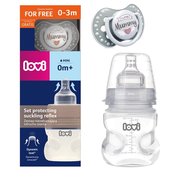 Cumi és cumisüveg készlet, Lovi, Medical+, dinamikus cumi, Super Vent szellőzőrendszer, biszfenol A nélkül, 150 ml