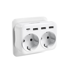 Duble Stecher USB Extensie Prize LENCENT®, Siguranta Copii,2 Schuko priza+3 USB A+1 USB C incarcare rapida, Max 4000W(250V 16A), Materiale ignifuge, Pentru Casa si Birou, Alb