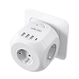 Stecher Priza cu 4 Prize Schuko+3 USB A+1 USB C, Max 4000W LENCENT®, Marcaj CE, Triplu Stecher, Extensie Priza, Stecher cu USB Cube cu intrerupatoare, Protectie Supratensiune si Siguranta Copii,750 ℃ rezistent la foc, potrivit pentru casa si birou
