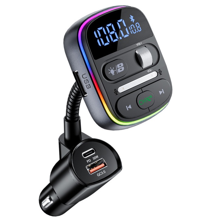 Autós Fm Modulátor LENCENT®, Bluetooth 5.0 adó adapter, USB C 30W PD gyorstöltés,360°-os szögbeállítással, Hi-Fi hang, 9 színű fénnyel, USB flash kártyával és TF kártyával, kihangosító hívás