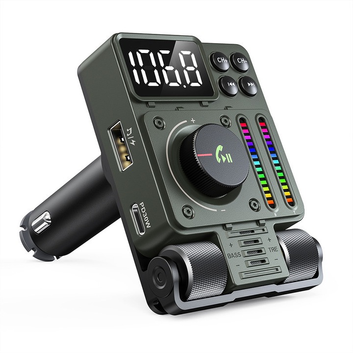 FM Трансмитер Bluetooth 5.3 LENCENT®, Зарядно за кола, регулиране на високите и басите, бързо зареждане PD 30W, 2 USB порта, 180° въртящ се LED екран，Поддържа USB памет, разговори със свободни ръце