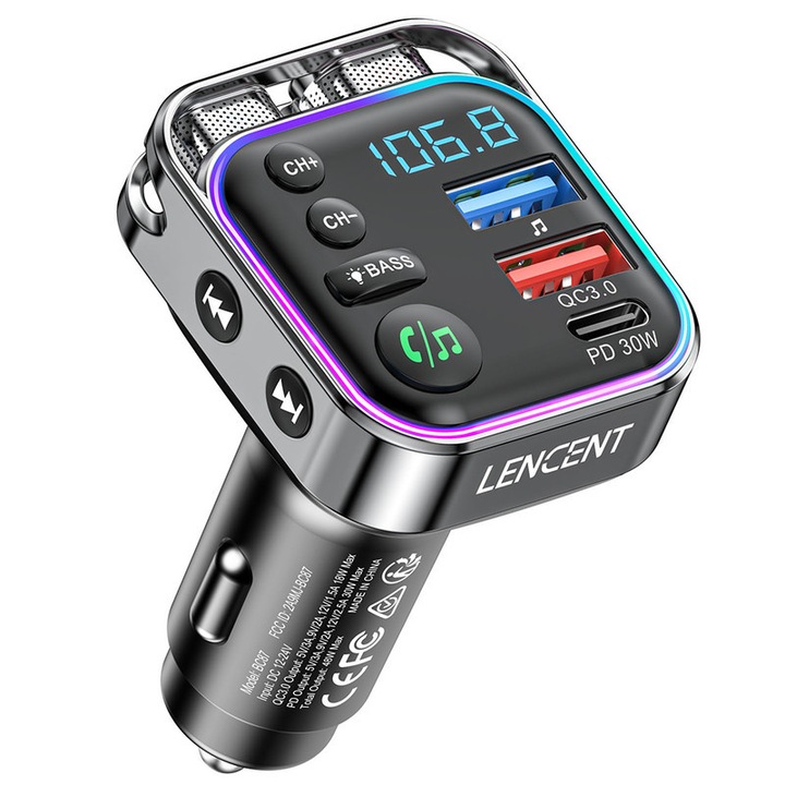 FM трансмитер Bluetooth 5.3, LENCENT®, Бързо зареждане PD 30W & QC3.0, Музикален режим BASS, двойни микрофони, ясни разговори със свободни ръце, потискане на шума CVC, 9 цвята светлина
