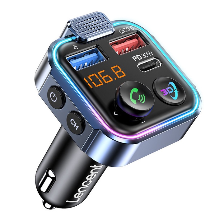 FM modulátor LENCENT®, Autós Bluetooth 5.3 audio adapter, 3D térhatású zenei mód, 2 gyorstöltő USB port (PD 30W+QC3.0 18W), kihangosító hívások, 7 színű LED