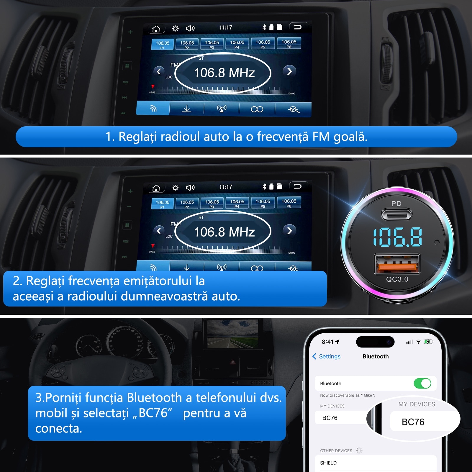 Modulator Fm LENCENT®, Transmitator Bluetooth 5.3 pentru masina ...