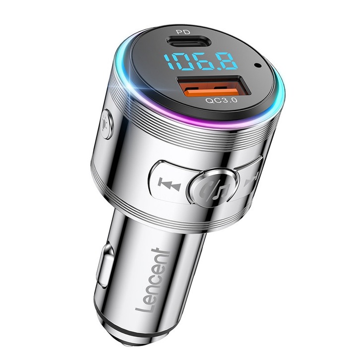 Fm Трансмитер LENCENT®, Bluetooth 5.3, метален адаптер за зарядно за кола с 2 USB порта, 2 USB порта за бързо зареждане, PD 20W&QC 3.0 18W, 9 цветни режима, hands-free, Google Siri, 12V-24V，сребрист