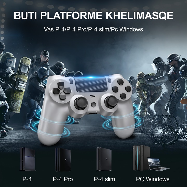PS4 безжичен контролер за игри, Redkid®, Bluetooth, Dual Shock, безжичен геймпад за компютър, PlayStation 4, Nintendo Switch, сребрист