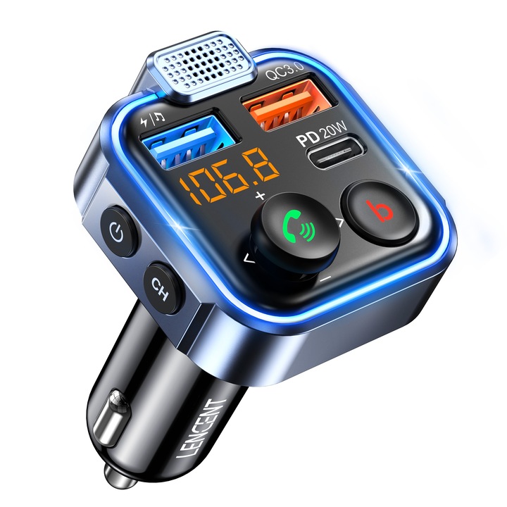 Фм трансмитер за кола LENCENT®, Bluetooth 5.0, PD 20W бързо зареждане Type-C, 2 USB A, Hi-Fi звук, субуфер, разговори със свободни ръце, поддръжка на USB флаш устройство, синя LED светлина