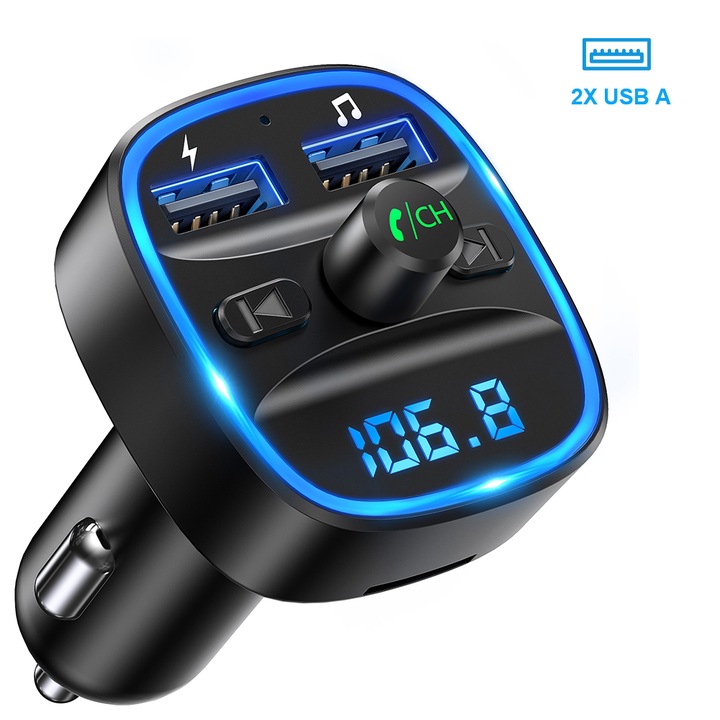 LENCENT® FM Transzmitter, bluetooth audio adapter autó, 2 USB töltés, LED kijelző, USB memória / TF kártya támogatás, kihangosító hívás, nyelvi navigáció, kék környezeti világítás, car bluetooth fm modulátor(87,5-108 MHz)