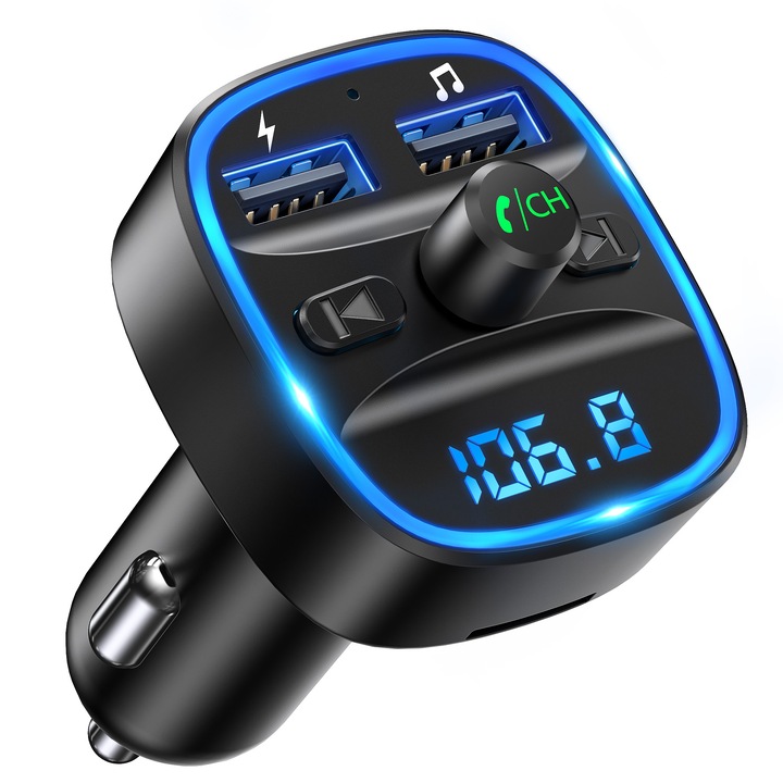Fm трансмитер за кола LENCENT®,2 USB, LED дисплей, USB памет/поддръжка на TF карта (32G), hands-free, езикова навигация, 87,5MHz-108MHz, bluetooth аудио адаптер, син