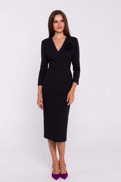 Rochie simpla midi cu decolteu in V Stylove, Negru, S