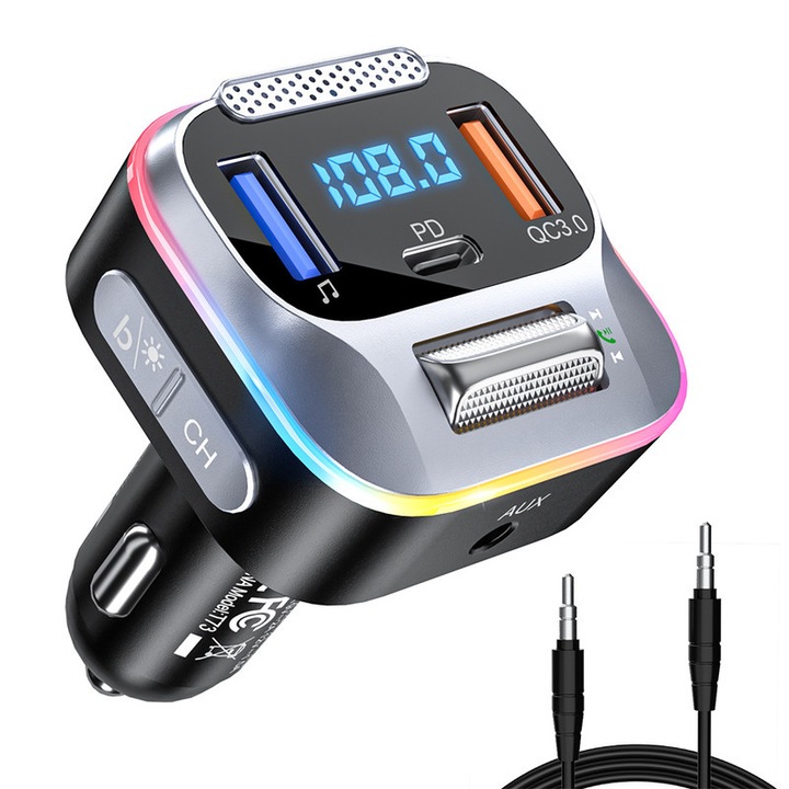 LENCENT® FM modulátor, Bluetooth 5.0, Type-C(PD 20W)& USB A(QC 18W) Autós töltő, BASS mod, Clear hands-free calls, Siri és Google Assistant aktiválás,3,5 mm AUX kimeneti kábel,9 mode Lights(on/off)