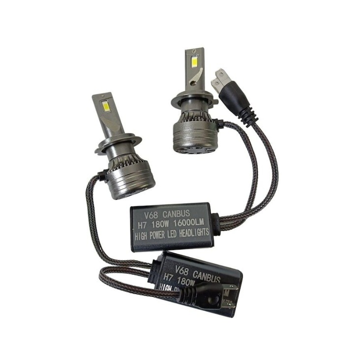 Set 2 Becuri Auto H7 Led, V68, Canbus, 180W, 6000K, 16000 lumeni