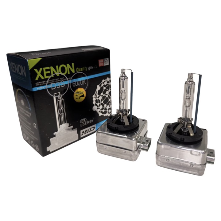 Комплект от 2 автомобилни ксенонови крушки D3S, Bi-Xenon, 35W, 6000K, +60% светлина, къси и дълги светлини, студена бяла светлина, анти-UV кварцово стъкло, повишена видимост за автомобилни фарове AutoREY