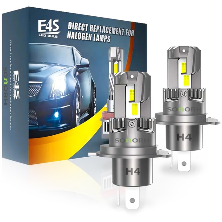 Set 2 Becuri LED H4, 2 Faze, 120W, 6500K, 18000LM, Canbus Plug&Play, Ventilator si Tija Racire din Cupru, 30000 Ore, IP65, SONORH®