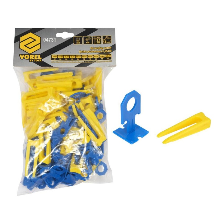 VOREL Sistem pentru nivelarea placilor de 2mm 50 cleme + 50 pene