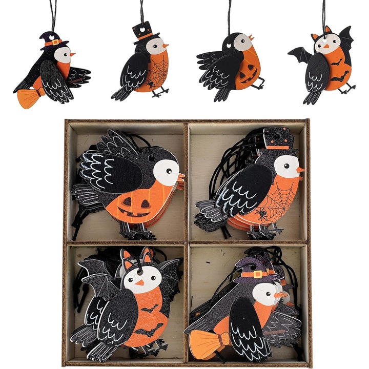 24 darabos fa Halloween díszkészlet, 13.5x13.5x3.5cm, rusztikus megjelenés