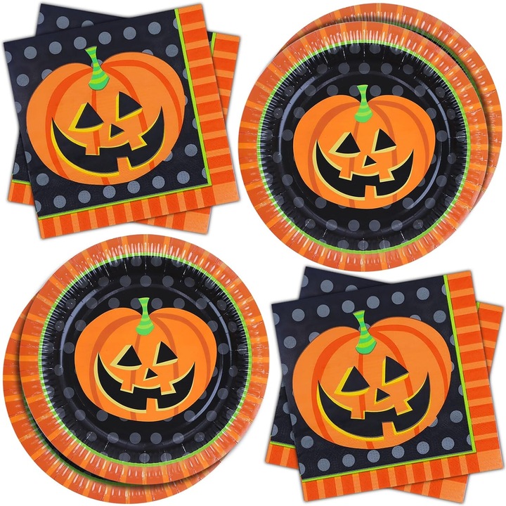 Halloween tányér- és szalvétaszett, 40 darabos, narancssárga tök mintával, 23cm x 33x33cm