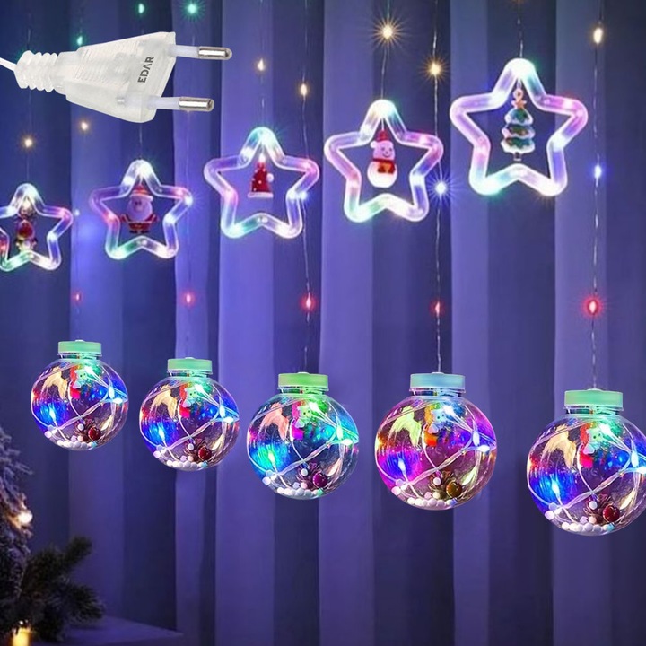 Instalatie Craciun EDAR, Perdea Stele Si Globuri, Figurine Detasabile, Lumini Led, 3M, Interconectabila, 8 Programe, Multicolor