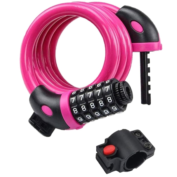Antifurt Bicicleta cu Cifru din 5 Cifre, Hggzeg, Cu suport montare, Cablu de otel retractabil, Impermeabil si rezistent la rugina, Rezistent la taiere sau rupere, Diametru 11 mm, Pentru bicicleta/motocicleta, Aliaj/PVC, Lungime 110 cm, Roz