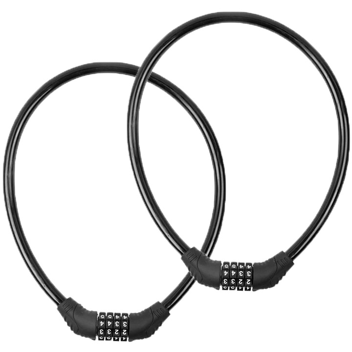 2 db-os kerékpáros lopásgátló zár 4 számjegyű kóddal, Hggzeg, Víz- és rozsdaálló, Könnyen használható és hordozható, Acélkábel átmérője 12 mm, Motorkerékpárhoz/elektromos rollerhez, Acél/PVC ötvözet, 60 cm hosszú, fekete