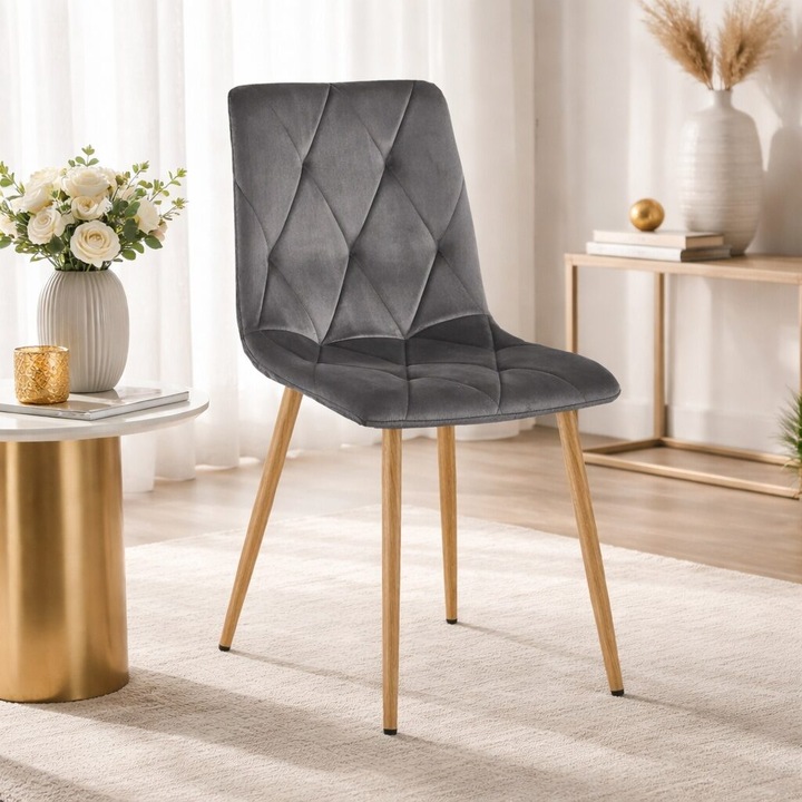 Scaun bucatarie/living, Artool, Libra, catifea gri, picioare metal natur, 45x54x86.5 cm