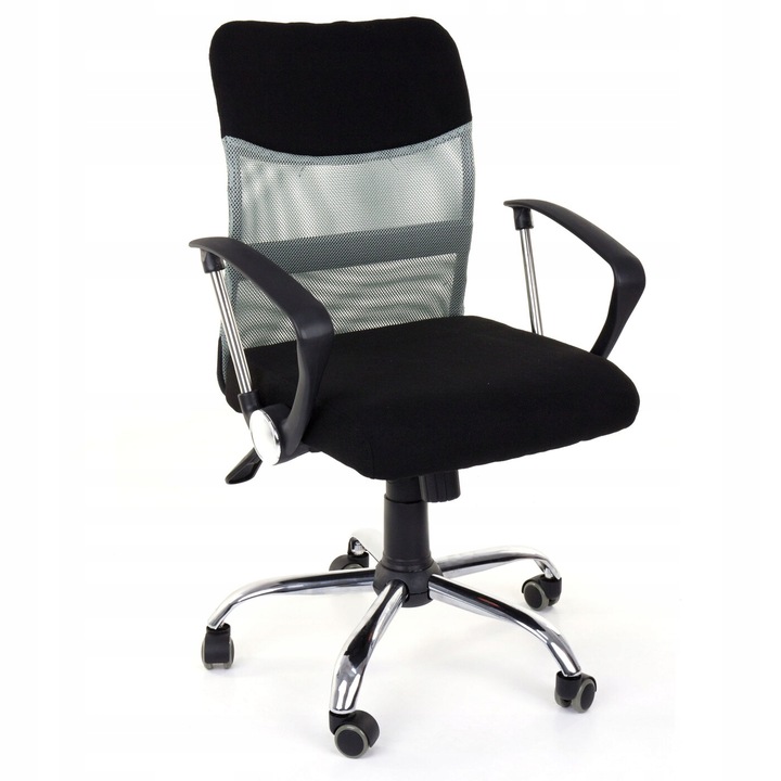 Стол за офис IdealSTORE, Въртящ се, метална основа, хром, гумени колела, плавно регулиране на височината, механизъм за НАКЛАНА, удобна облегалка от микромрежа, черен