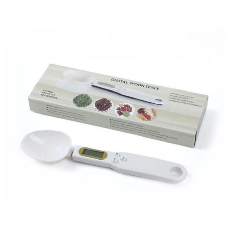 Лъжица с цифрова везна и прикрепен дисплей Lotfi, за домакинска употреба, прецизно теглене, включена батерия, капацитет 500g, бял цвят