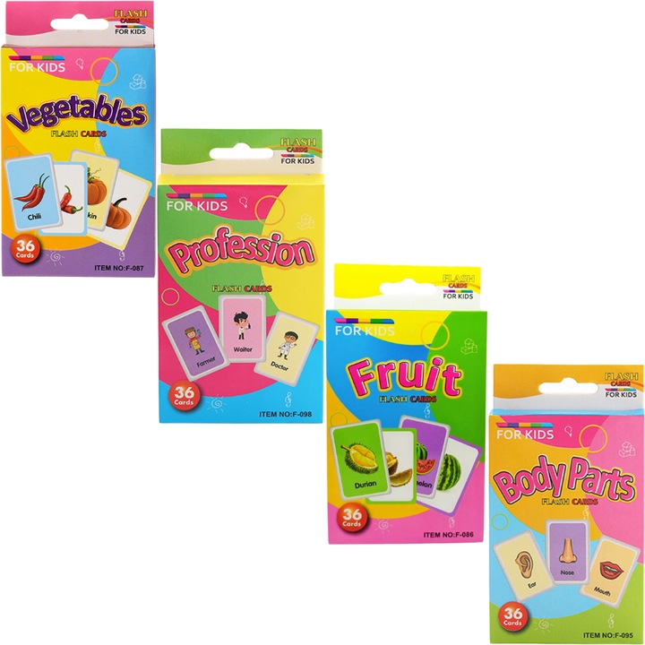 Set cartonase educative pentru copii, interactive, Legume Profesii Fructe Partile Corpului, engleza, +3ani, Multicolor