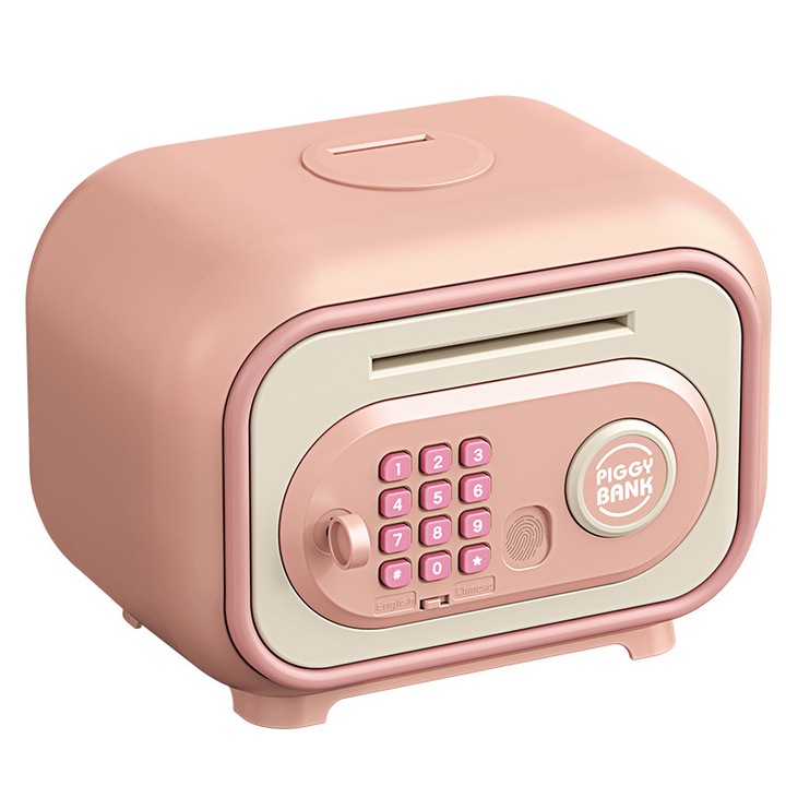 Bancomat pentru copii, deblocare prin cheie/parola/ amprenta, muzica pentru copii, efecte sonore simulate, capacitate mare de stocare, roz