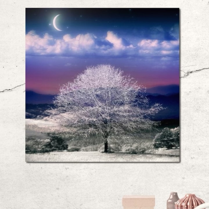 Премиум Канава Картина, LuxCanva® D1029, Фантастична Зимна Сцена, 75 X 75 CM, 100% Памучно Платно 400гр/м2, Дървена Рамка, Полумесец, Облаци, Дърво, Клони, Мраз, Дневна, Ярки Цветове