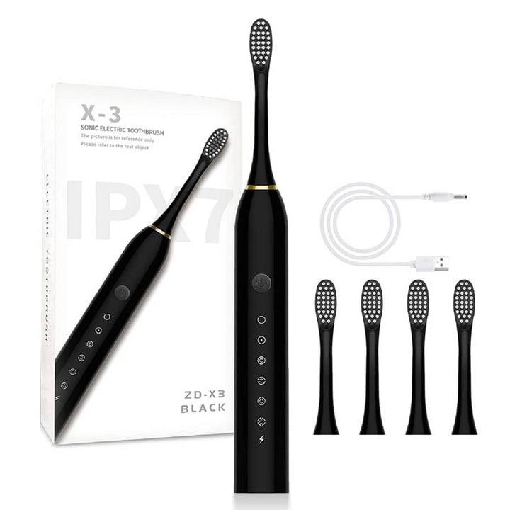 Periuta dinti electrica sonica Dental Care, pentru adulti, copii, 31000 pulsatii / min, 6 programe, functie de memorare, aparat cu smart timer, IPX7, 4 capete soft, neagra