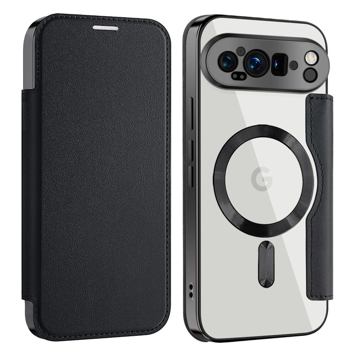 Mágneses tok Google Pixel 9 / Pixel 9 Pro Book típusú telefonokhoz, belső pénztárcával, vezeték nélküli töltéssel, fekete