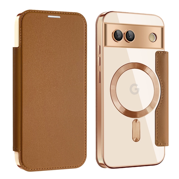 Mágneses tok Google Pixel 9 / Pixel 9 Pro Book típusú telefonokhoz, belső pénztárcával, vezeték nélküli töltéssel, barna