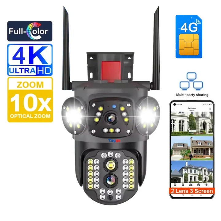 Térfigyelő kamera 4G SIM kártya, Zoom 10X, 3 képernyő, 4K felbontás, Emberfelismerés, Automatikus követés, IP66 - WIFI (Router)