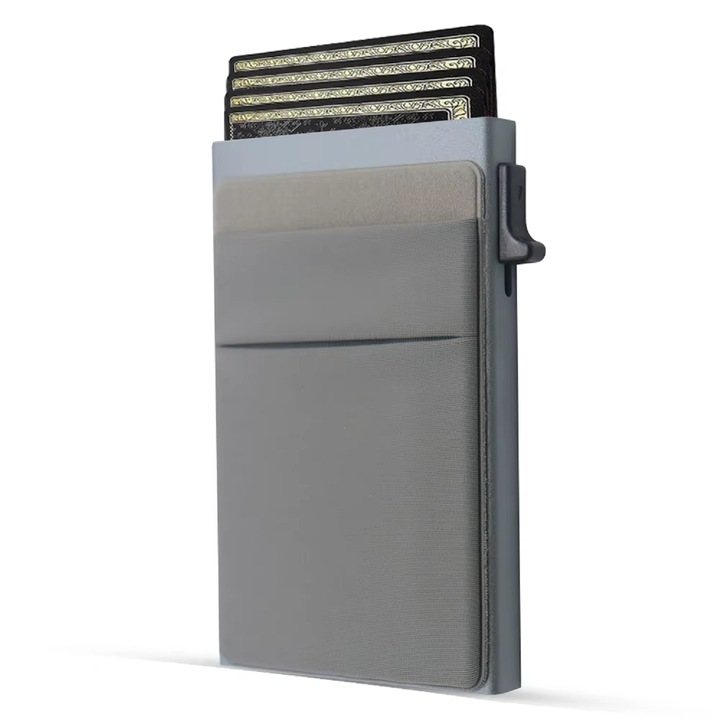 Изскачащ портфейл за INNOVIO® карти с RFID защита, Картодържател, Капацитет 7 карти, Бутон за изваждане, Алуминий, 2 текстилни джоба за монети/банкноти, Минималистичен дизайн, Унисекс, Цвят Сив